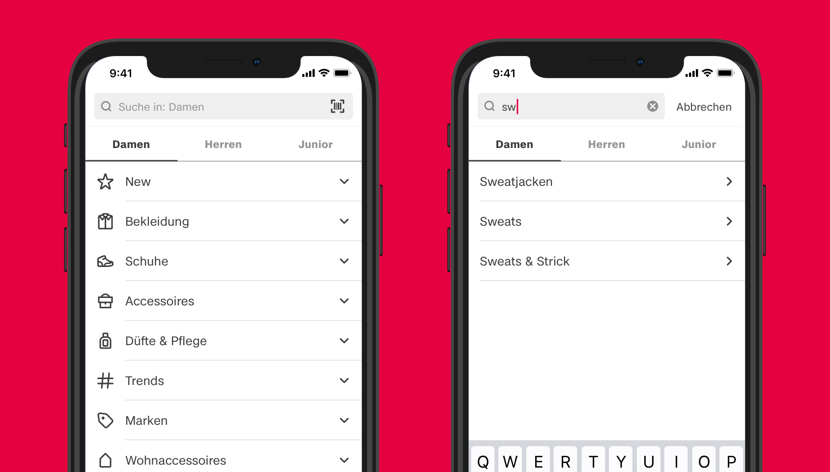 Two smartphones showing the s.Oliver app. On the left the screen displays the product categories. On the right the search field is active. Below there are search suggestions.