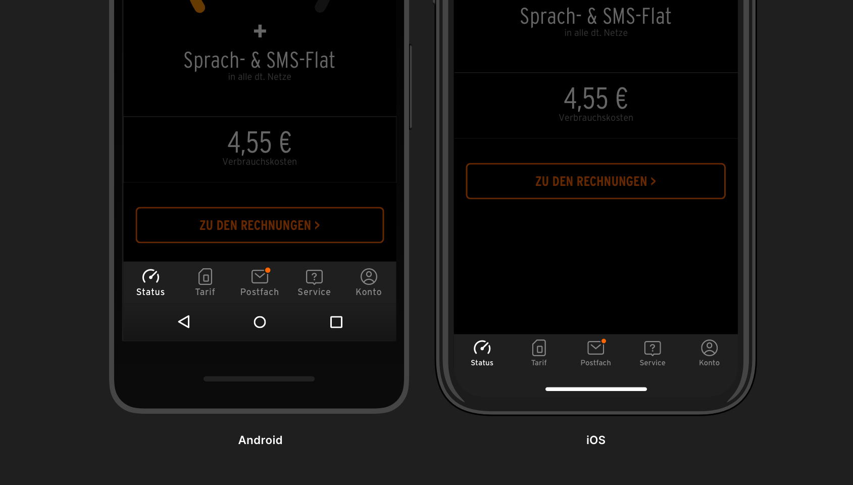 An Android smartphone on the left, an iPhone on the right. Both show the otelo app with a menu on the bottom of the screen.